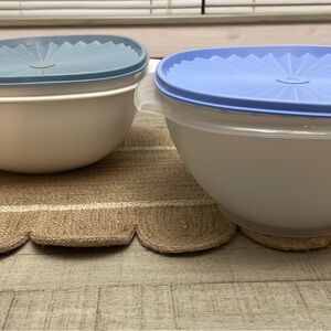 Set of Two vintage Tupperware White Bowls with Blue Lids